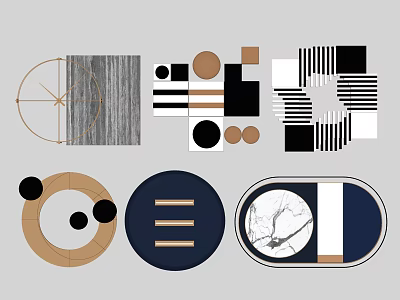 Modern Geometric Wall Decor With Circular Square Striped Patterns And Marble Accents 3d model