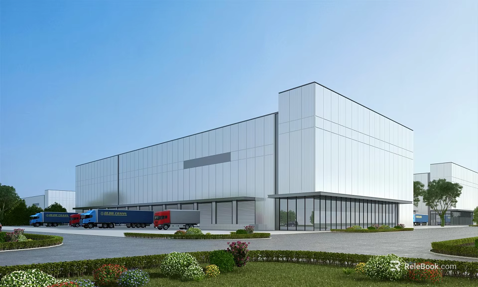Modern Industrial Factory Building With White Exterior Glass Curtain Wall Trucks And Landscaped Greenery 3d model 