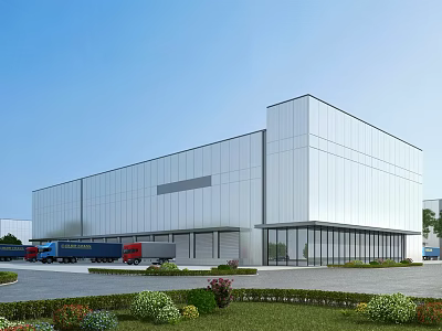 Modern Industrial Factory Building With White Exterior Glass Curtain Wall Trucks And Landscaped Greenery 3d model