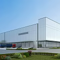 Modern Industrial Factory Building With White Exterior Glass Curtain Wall Trucks And Landscaped Greenery