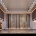 Luxurious Hotel Lobby With Wooden Bookshelves Red Accent Wall And Marble Flooring