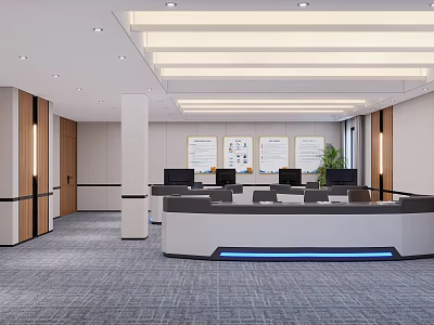 Modern Monitoring Room Interior With Control Desk Multiple Monitors Office Chairs And Gray Carpet 3d model