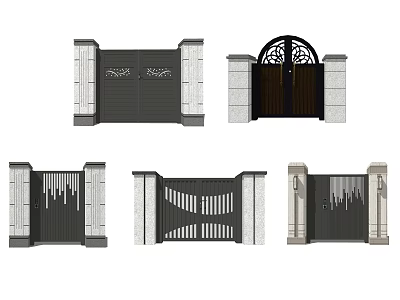 Various Stylish Entrance Gates With Metal Patterns And Stone Pillar Details 3d model