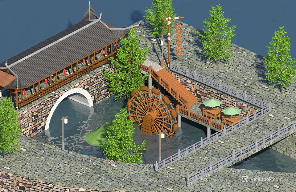 Traditional Chinese Bridge Featuring Classic Roof People Large Waterwheel Green Trees and Stone Walls 3d model 