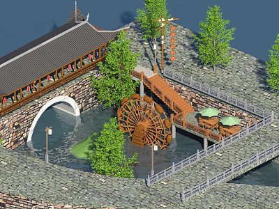 Traditional Chinese Bridge Featuring Classic Roof People Large Waterwheel Green Trees and Stone Walls 3d model