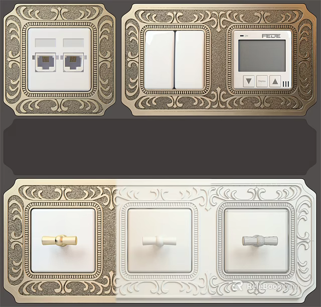 Decorative Switch Panels With Gold Ornate Frames And Multiple Control Options 3d model 