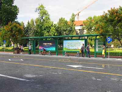 Urban Roadside Bus Shelter With Green Canopy Advertisement Display Parking Sign And Pedestrians 3d model