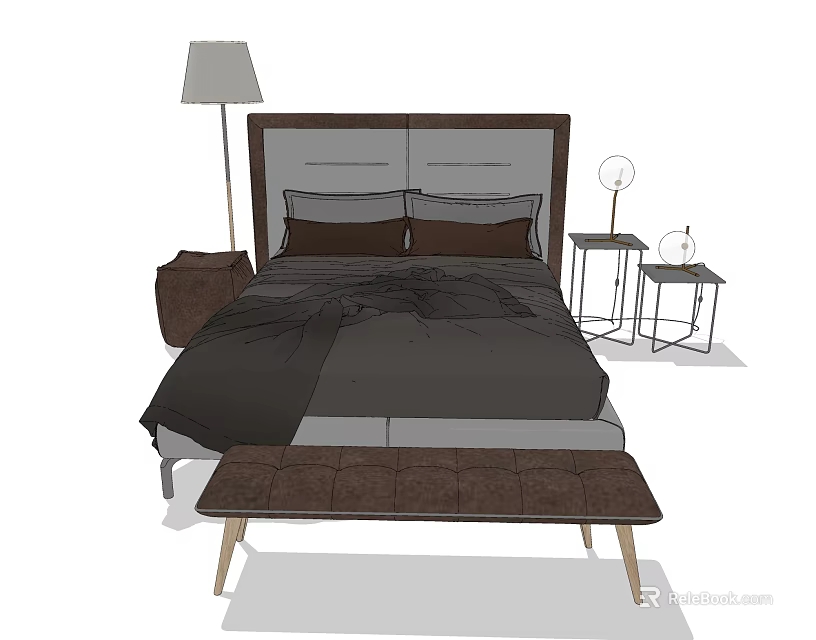Double Bed with Dark Bedding Upholstered Headboard Floor Lamp Side Tables and Bed Bench 3d model 