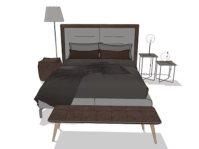 Double Bed with Dark Bedding Upholstered Headboard Floor Lamp Side Tables and Bed Bench 3d model