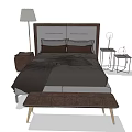 Double Bed with Dark Bedding Upholstered Headboard Floor Lamp Side Tables and Bed Bench