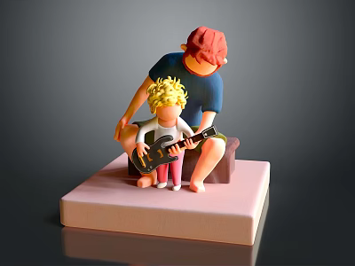 Game Movie Characters Adult Teaching Blonde Child to Play Guitar With Red Hat On Platform 3d model