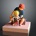 Game Movie Characters Adult Teaching Blonde Child to Play Guitar With Red Hat On Platform