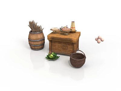 Rustic Kitchen Setup With Wooden Barrel Chest Chopsticks Food Plate Clay Pot Eggs And Vegetables 3d model