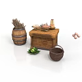 Rustic Kitchen Setup With Wooden Barrel Chest Chopsticks Food Plate Clay Pot Eggs And Vegetables