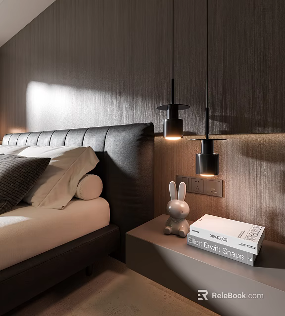 Modern Bedroom Interior With Pendant Lights Bed And Nightstand Rabbit Toy Book 3d model 