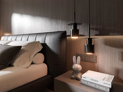 Modern Bedroom Interior With Pendant Lights Bed And Nightstand Rabbit Toy Book 3d model