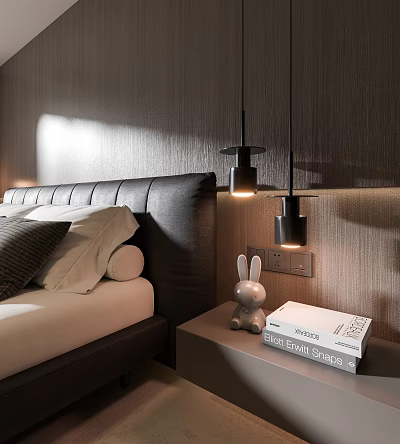 Modern Bedroom Interior With Pendant Lights Bed And Nightstand Rabbit Toy Book 3d model