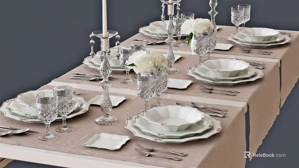 Elegant Porcelain Dinnerware Set With Plates Bowls Glasses Silver Cutlery And Flower Decor 3d model 