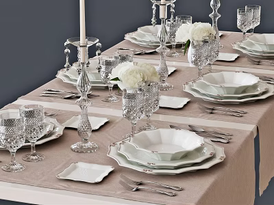 Elegant Porcelain Dinnerware Set With Plates Bowls Glasses Silver Cutlery And Flower Decor 3d model