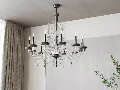 Classic Crystal Chandelier With Candle Shaped Bulbs Multiple Arms And Crystal Pendants Near Curtains 3d model