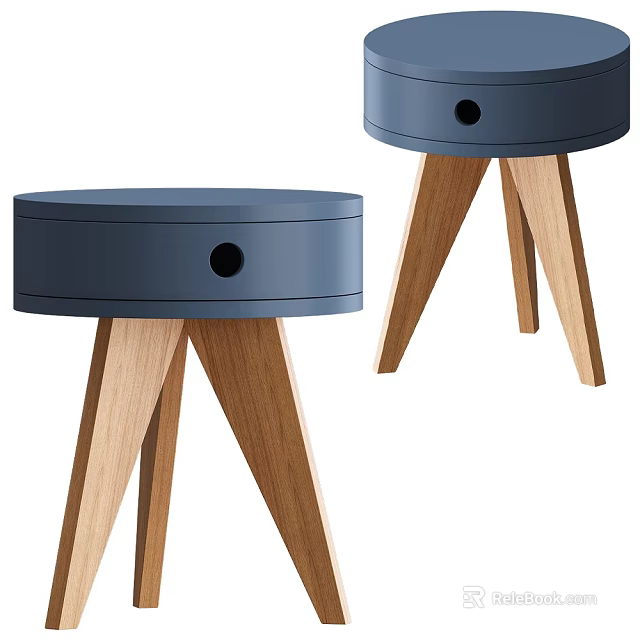 Modern Round Blue Coffee Table with Wooden Triangular Legs and Circular Hole Design 3d model