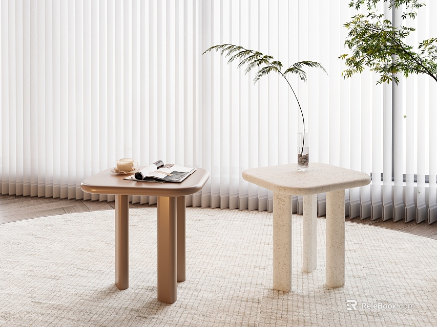 Stylish Wooden And Stone Side Tables On Neutral Rug With White Blinds And Green Plant 3d model 