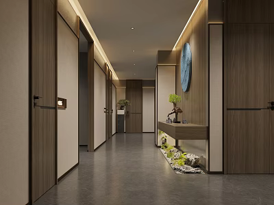 Modern Elevator Hallway Interior With Wooden Walls Recessed Lighting And Decorative Green Plants 3d model