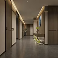 Modern Elevator Hallway Interior With Wooden Walls Recessed Lighting And Decorative Green Plants