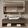 Modern Minimalist Bathroom Vanity Cabinet With Mirror Sink Basin Towels And Decorative Plants