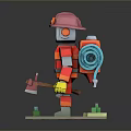 Pixel Art Firefighter Figure In Red Uniform With Helmet Hose And Axe