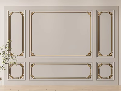 Elegant White Interior Wall Panel Design With Intricate Gold Decorative Frames 3d model