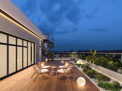 Roof Garden With Wooden Deck Outdoor Dining Set Lush Greenery Spiral Staircase And Night Lighting 3d model
