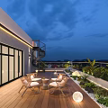 Roof Garden With Wooden Deck Outdoor Dining Set Lush Greenery Spiral Staircase And Night Lighting
