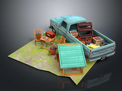 Vintage Light Blue Truck With Garden Shed Table Chairs And Potted Plants 3d model