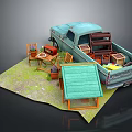 Vintage Light Blue Truck With Garden Shed Table Chairs And Potted Plants
