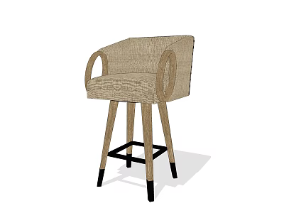 Modern Bar Stool With Woven Linen Seat Wooden Legs Black Foot Caps And Armrests 3d model