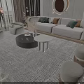Modern sofa and coffee table set with throw pillows patterned rug stools and round mirror 3d model