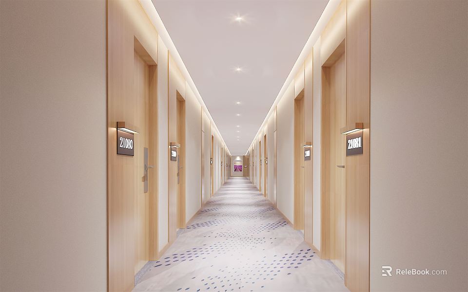 Modern Hotel Corridor Interior With Wooden Doors Digital Signs Ceiling Lights And Patterned Carpet 3d model 