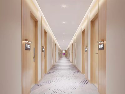 Modern Hotel Corridor Interior With Wooden Doors Digital Signs Ceiling Lights And Patterned Carpet 3d model
