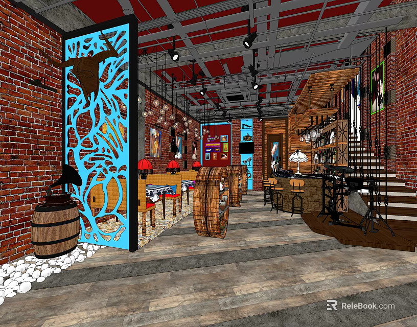 Bar Interior Featuring Red Brick Walls Blue Carved Partition Wooden Tables Wine Racks And Staircase 3d model 