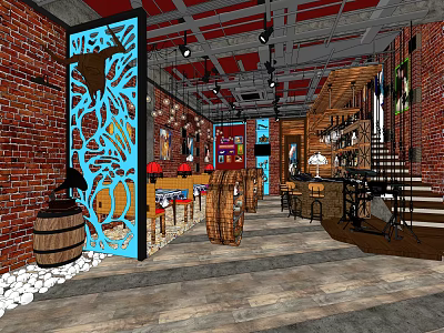 Bar Interior Featuring Red Brick Walls Blue Carved Partition Wooden Tables Wine Racks And Staircase 3d model
