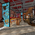 Bar Interior Featuring Red Brick Walls Blue Carved Partition Wooden Tables Wine Racks And Staircase