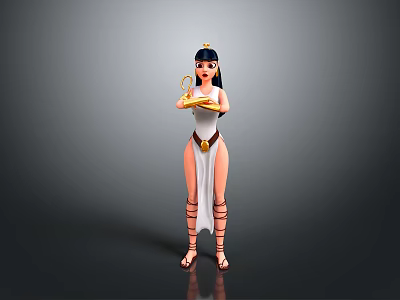 Ancient Egyptian Female Figure in White Dress Holding Golden Tray Against Grey Background 3d model