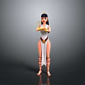 Ancient Egyptian Female Figure in White Dress Holding Golden Tray Against Grey Background