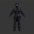 Game Character in Dark Outfit with Cap Mask Belt Gloves Standing Pose