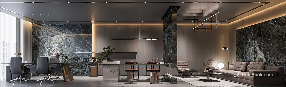 Elegant Modern Office Interior Design With Marble Wall Wooden Desk And Pendant Lights 3d model 