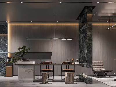 Elegant Modern Office Interior Design With Marble Wall Wooden Desk And Pendant Lights 3d model