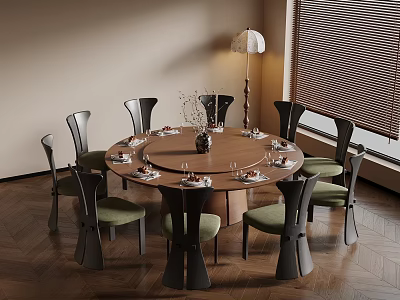 Modern Dining Room With Round Table Green Chairs Floor Lamp Tableware And Blinds 3d model