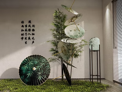 Indoor Art Installation With Green Umbrella Bamboo Calligraphy And Green Plants 3d model