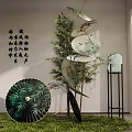 Indoor Art Installation With Green Umbrella Bamboo Calligraphy And Green Plants